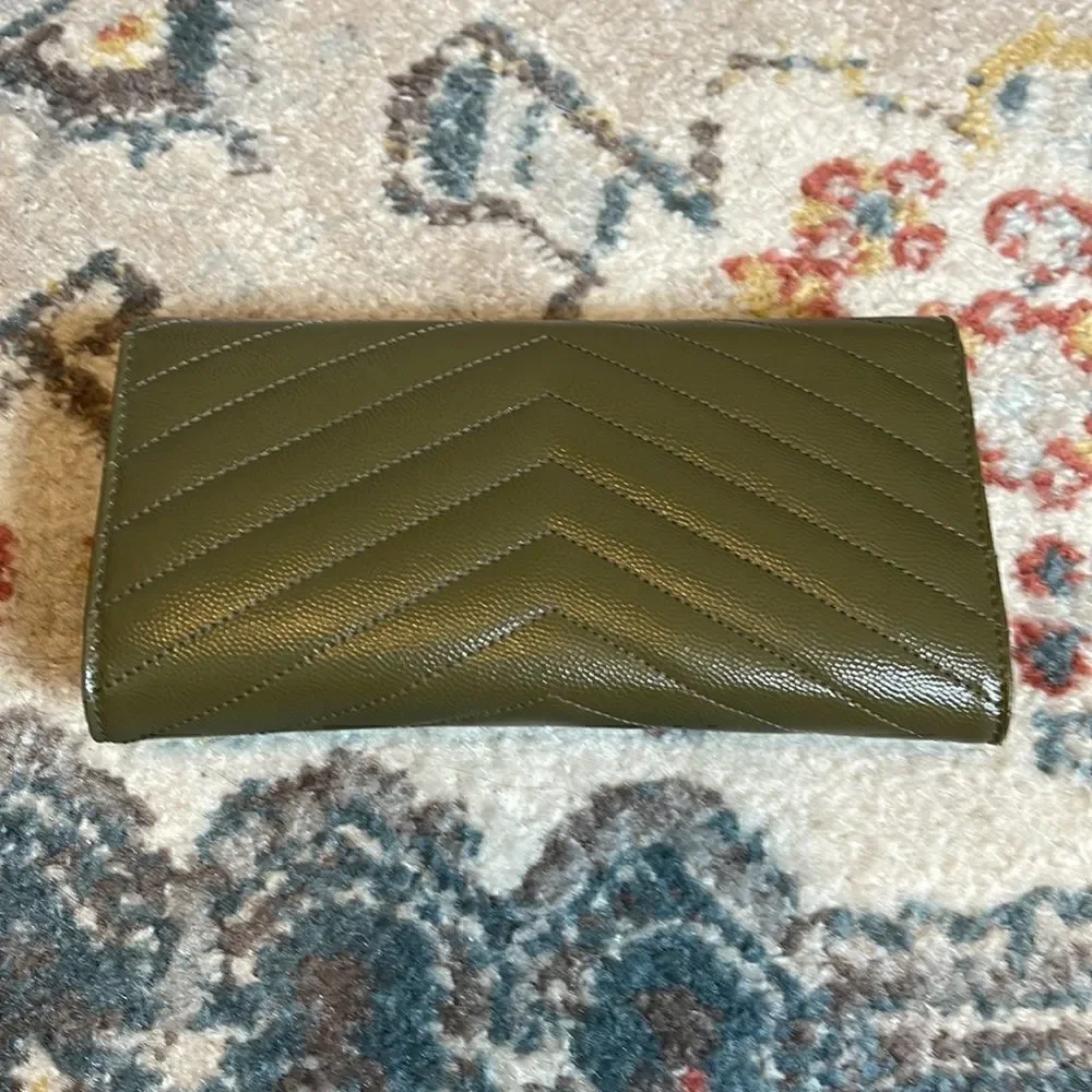 Saint Laurent Monogram Logo Leather Flap Wallet Vert Khaki